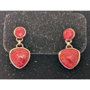 Vintage 925 Sterling Silver Inlay Red Coral Dangle Earrings